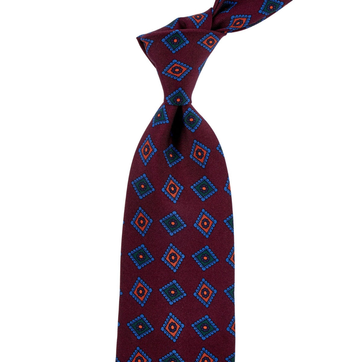A Sovereign Grade Burgundy Art Deco Ancient Madder Silk Tie with blue and red diamonds of quality craftsmanship, made in the United Kingdom from KirbyAllison.com.