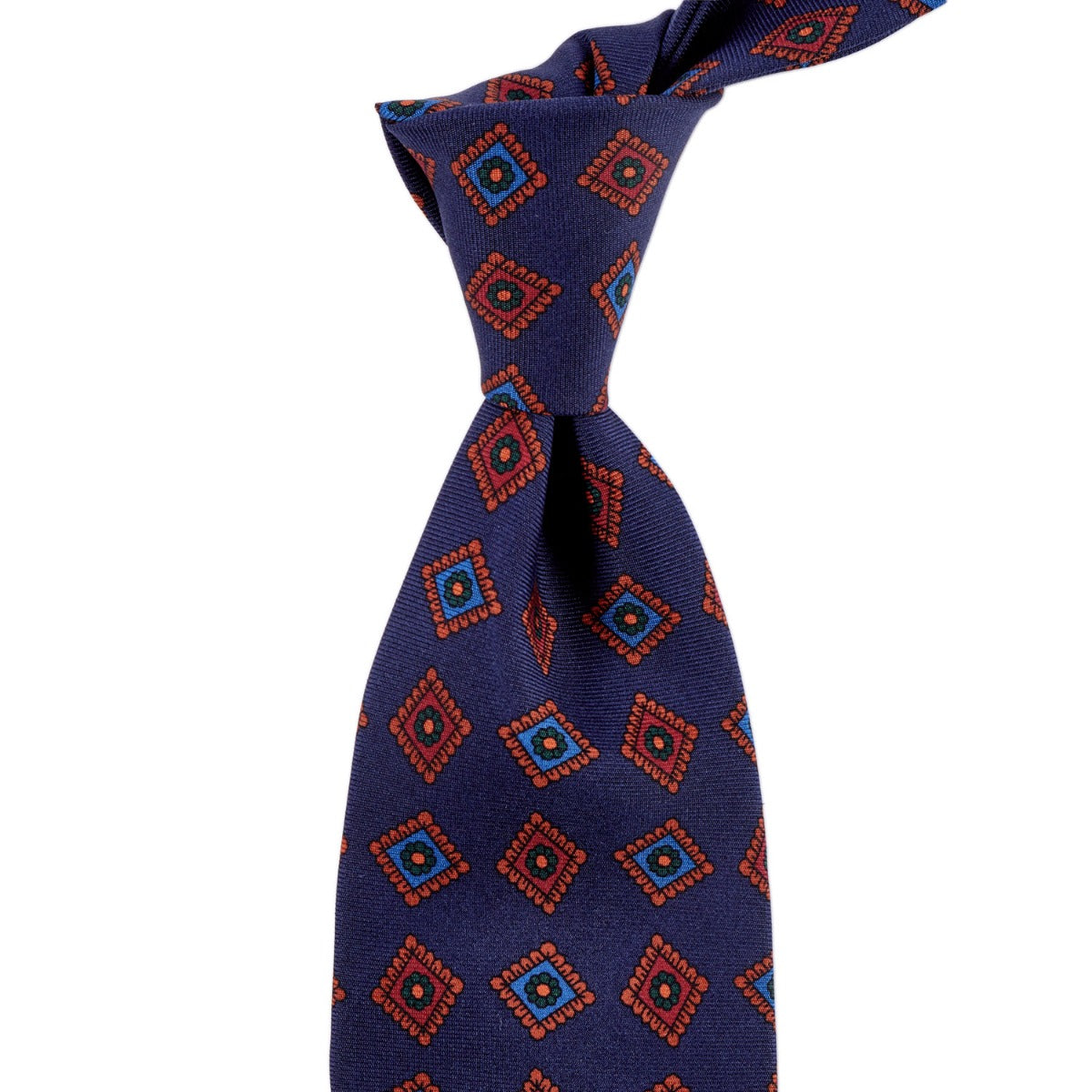 A handmade KirbyAllison.com Sovereign Grade Dark Navy Art Deco Ancient Madder Silk Tie.