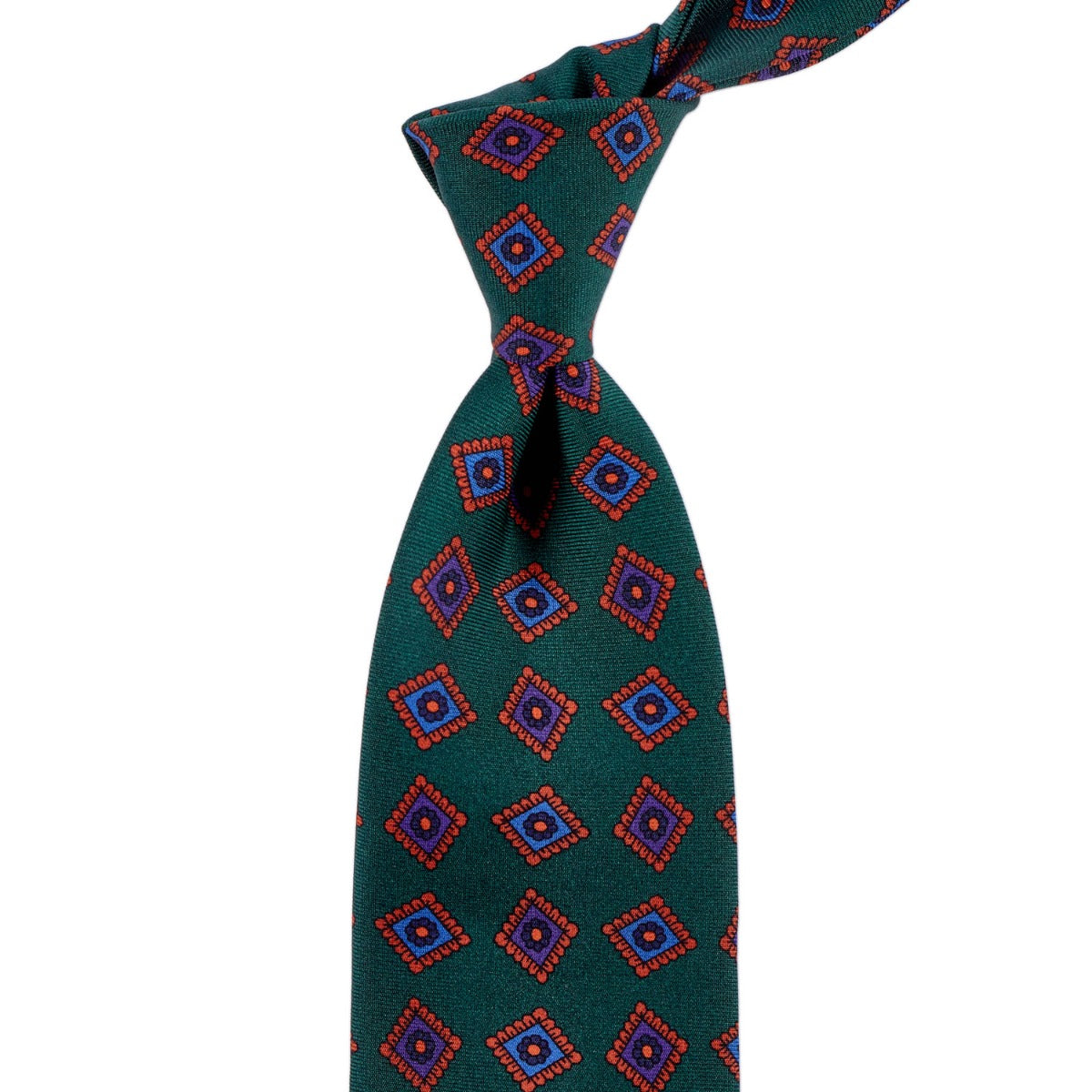 A Sovereign Grade Forrest Green Art Deco Ancient Madder Silk Tie from KirbyAllison.com of the highest quality with green, red and blue diamonds.