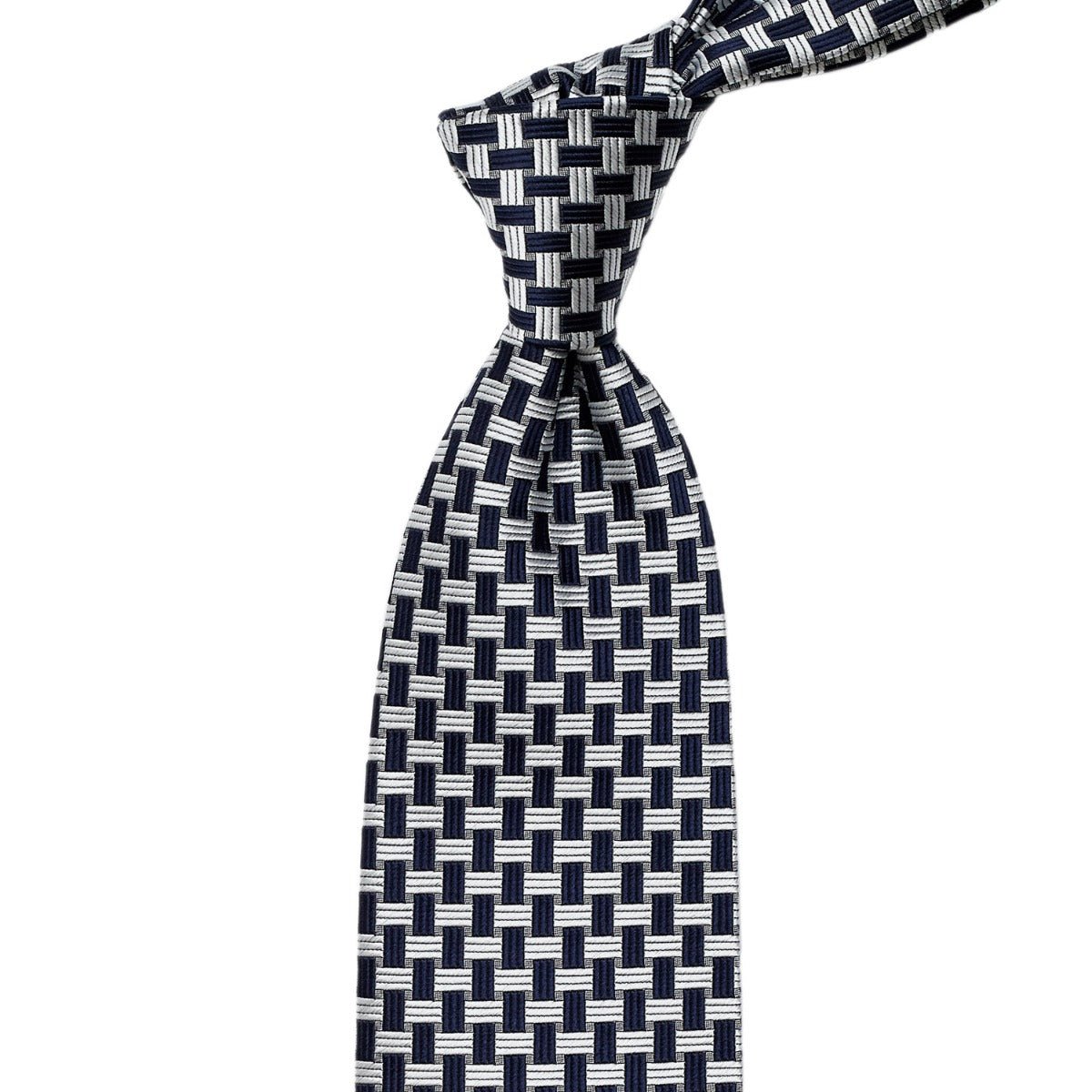 A Sovereign Grade Navy Basket Weave Silk Tie from KirbyAllison.com, handmade with premium linings, featuring a blue and white checkered pattern.