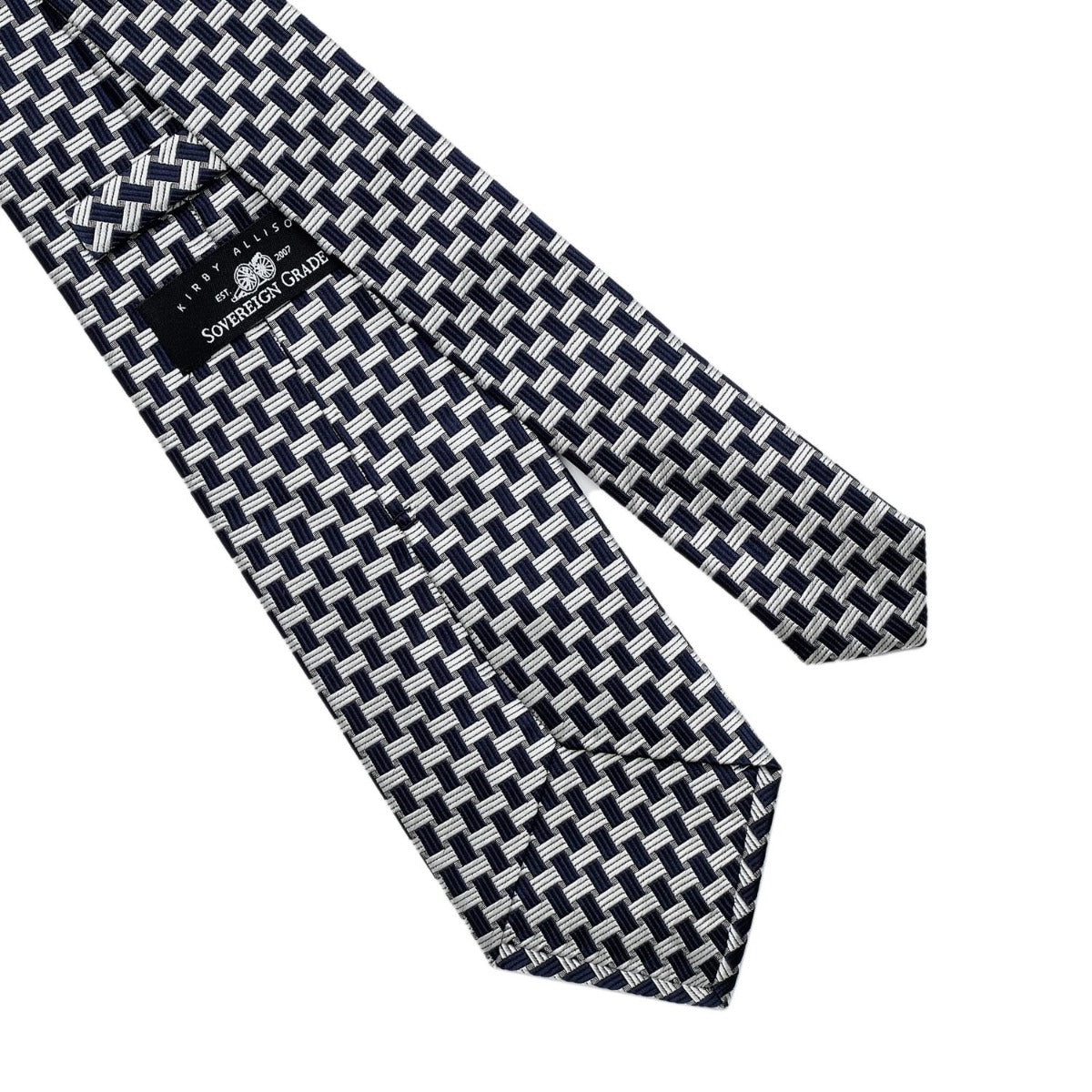 A Sovereign Grade Navy Basket Weave Silk Tie with premium linings on a white background from KirbyAllison.com.