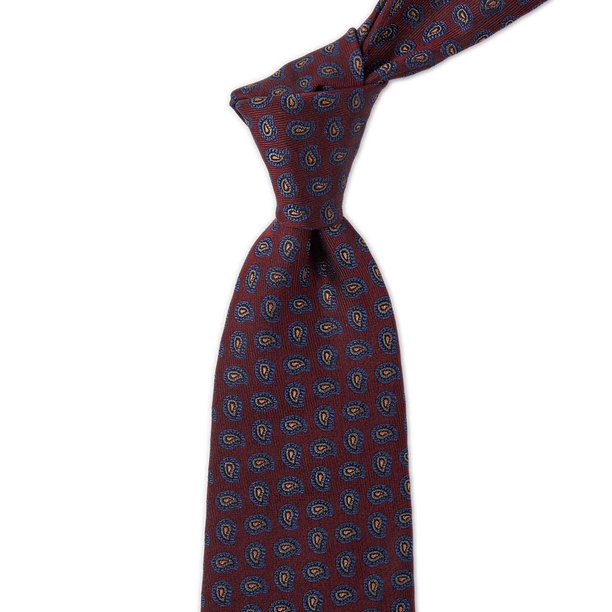 A Sovereign Grade Burgundy Paisley Jacquard Silk Tie by KirbyAllison.com, showcasing quality craftsmanship.