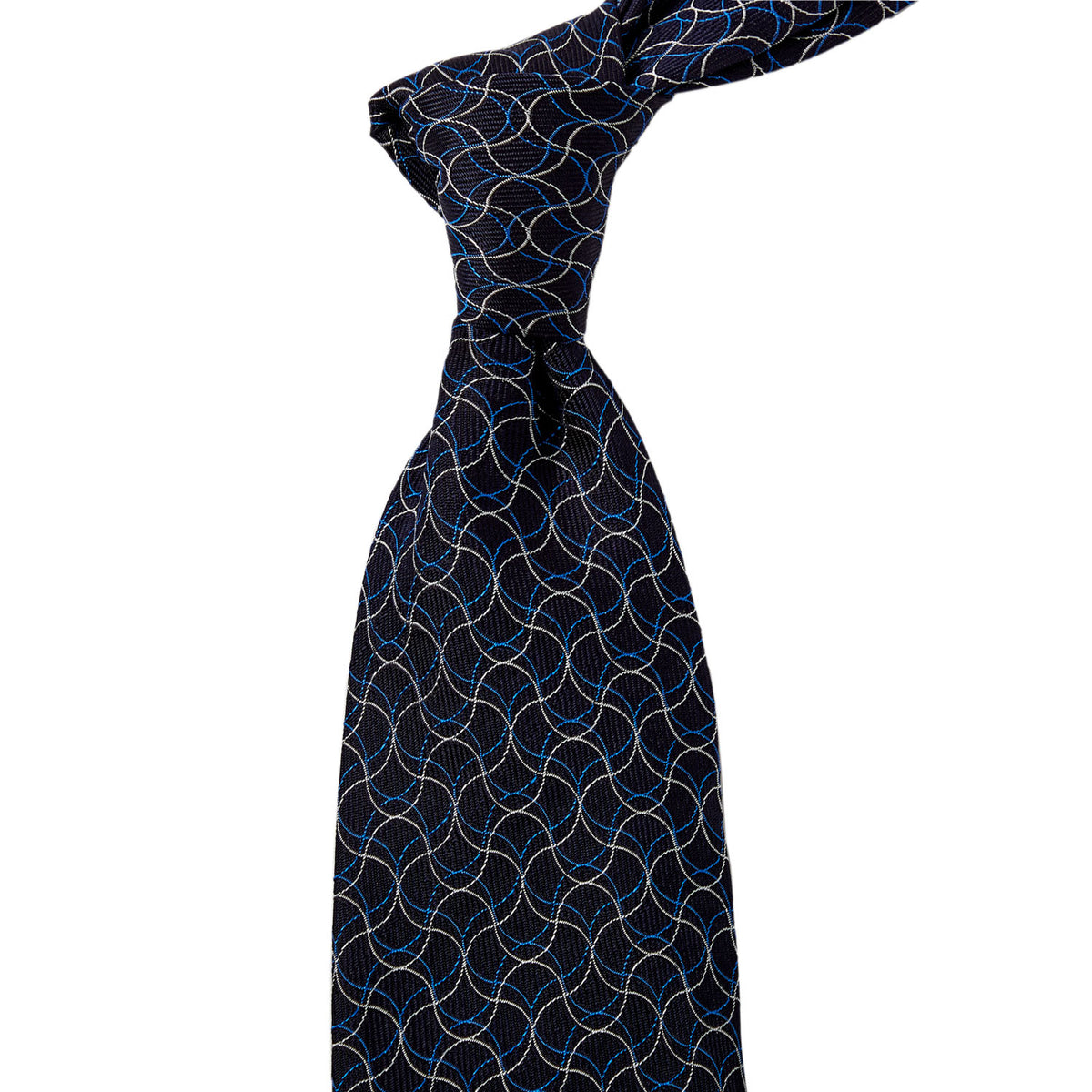 A "Sovereign Grade Navy Swirl Jacquard Tie" from KirbyAllison.com with a black and blue pattern.