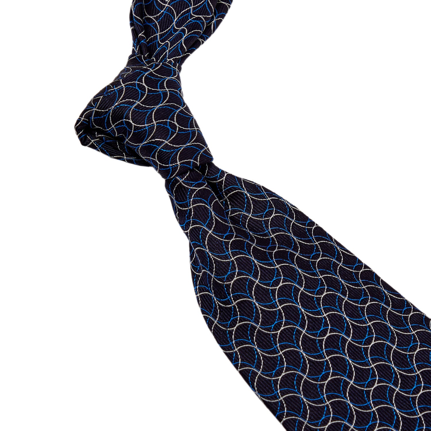 A Sovereign Grade Navy Swirl Jacquard Tie by KirbyAllison.com with a geometric pattern in black and blue.