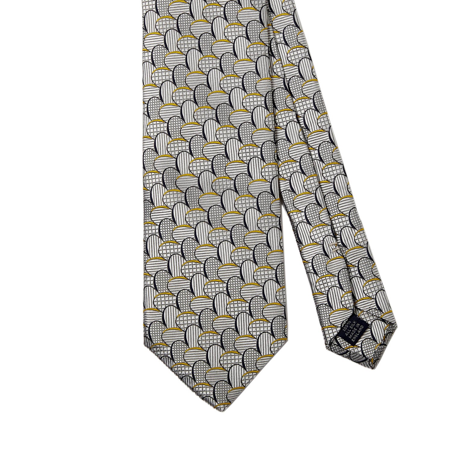A handmade Sovereign Grade Sydney Jacquard Tie (150x8.5 cm) from KirbyAllison.com featuring a pattern, in grey and yellow.