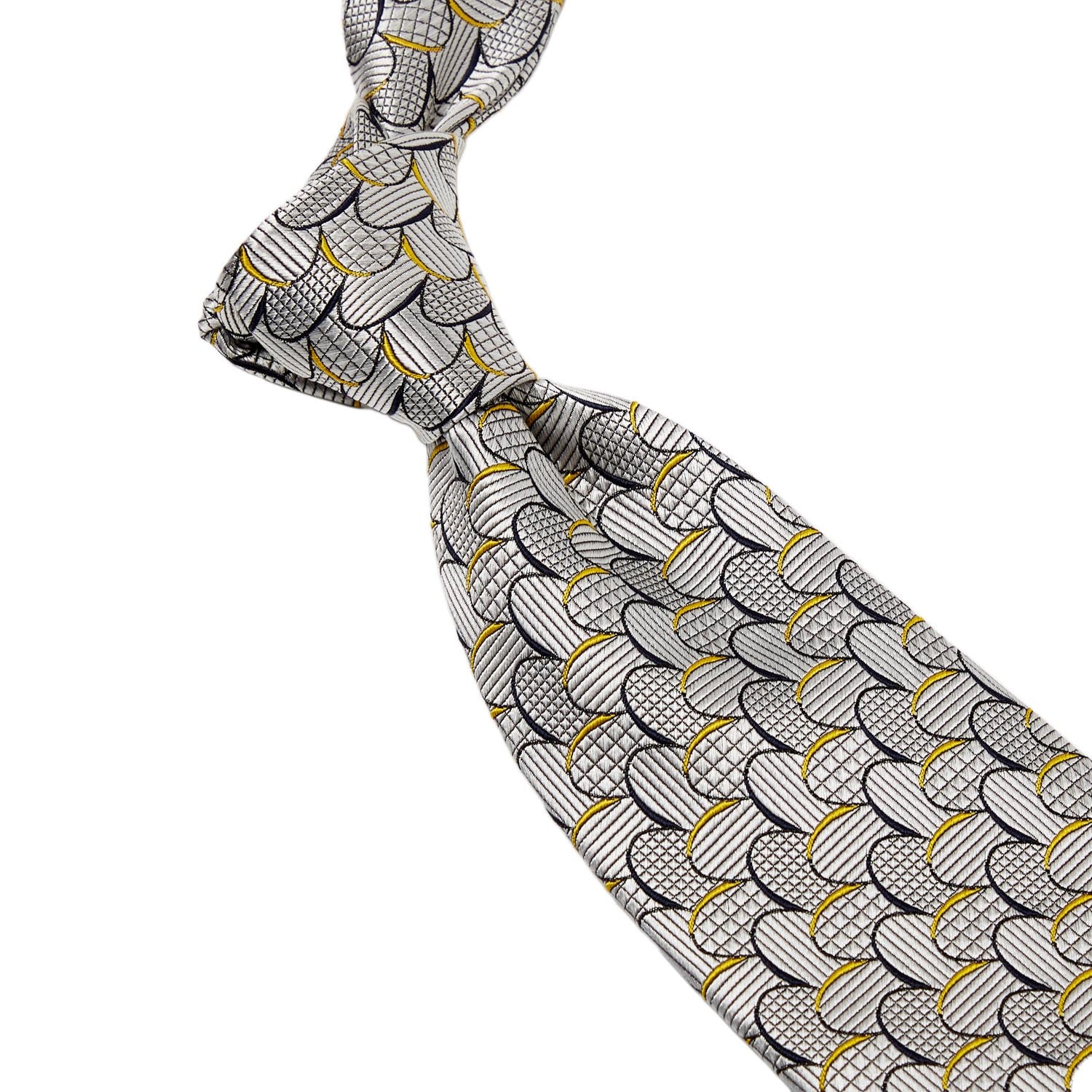 A handmade Sovereign Grade Sydney Jacquard Tie (150x8.5 cm) with a yellow and grey pattern, ideal for KirbyAllison.com ties.