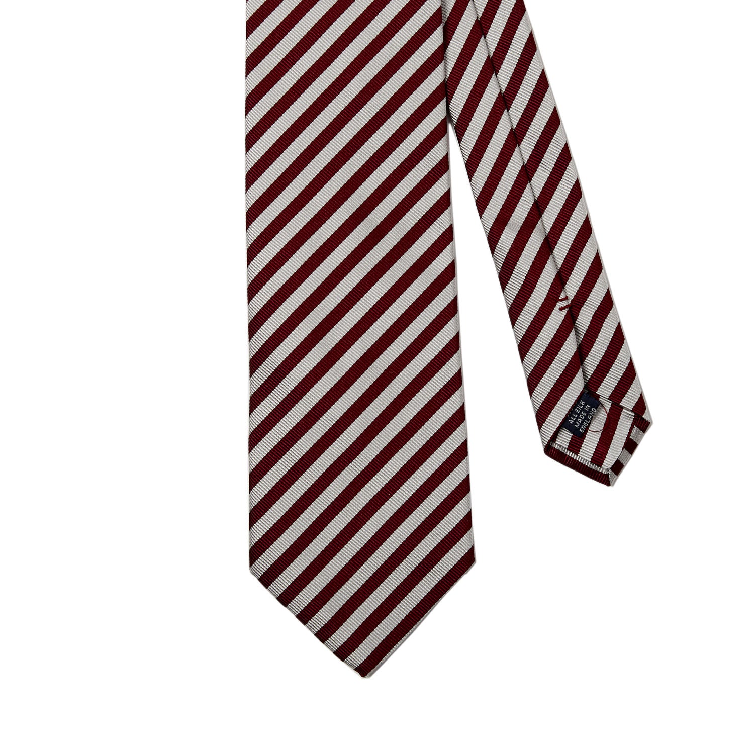 A Sovereign Grade Burgundy and Silver London Stripe Silk Tie by KirbyAllison.com on a white background.
