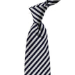 A handmade Sovereign Grade Navy and Silver London Stripe Silk Tie from KirbyAllison.com on a white background.