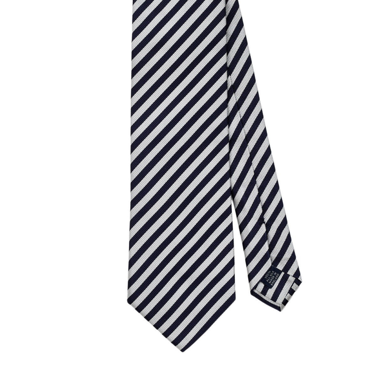A Sovereign Grade Navy and Silver London Stripe Silk Tie by KirbyAllison.com on a white background.