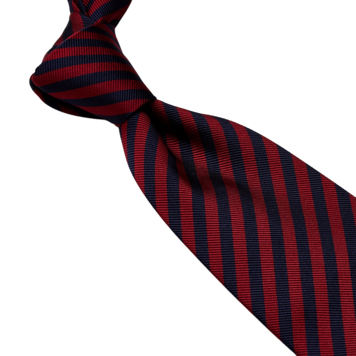 A red and black striped KirbyAllison.com Sovereign Grade Navy and Red London Stripe Silk Tie handmade in the United Kingdom, showcasing quality craftsmanship.