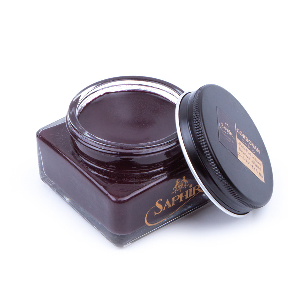 A jar of Saphir Cordovan Cream Shoe Polish with a leather lid from KirbyAllison.com.