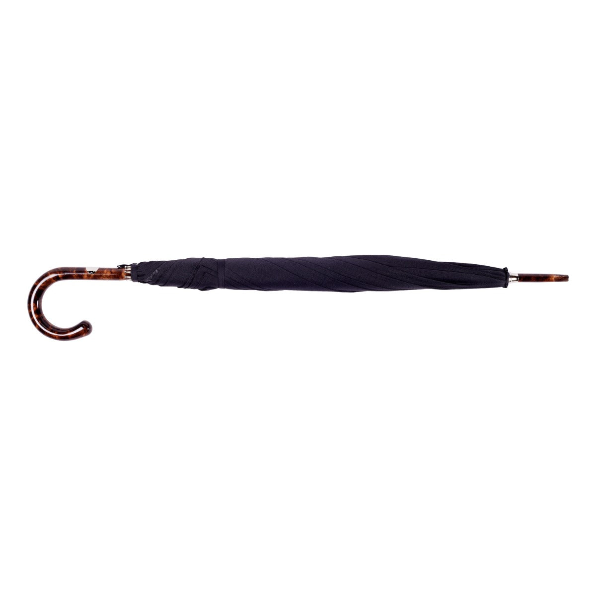 A Shiny Tiger Maple Handle w/ Imperial Black Canopy umbrella on a white background by KirbyAllison.com.