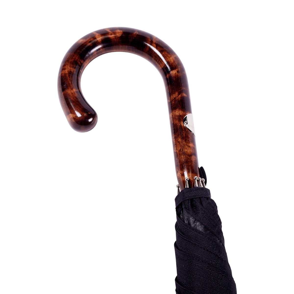 A KirbyAllison.com solid-stick umbrella with a Shiny Tiger Maple Handle and Imperial Black Canopy.