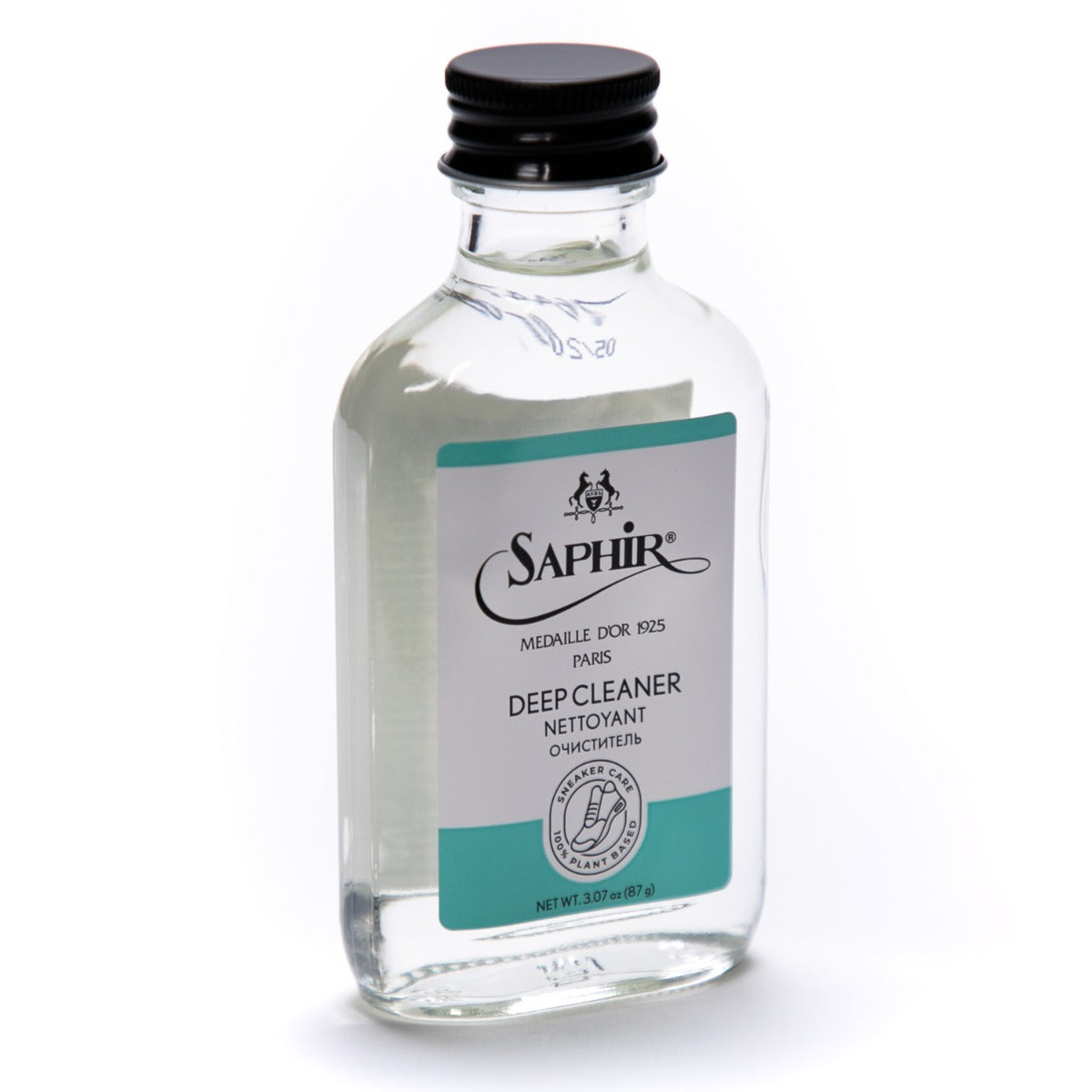 A bottle of Saphir Sneaker Deep Cleaner - 100ml from KirbyAllison.com on a white background.