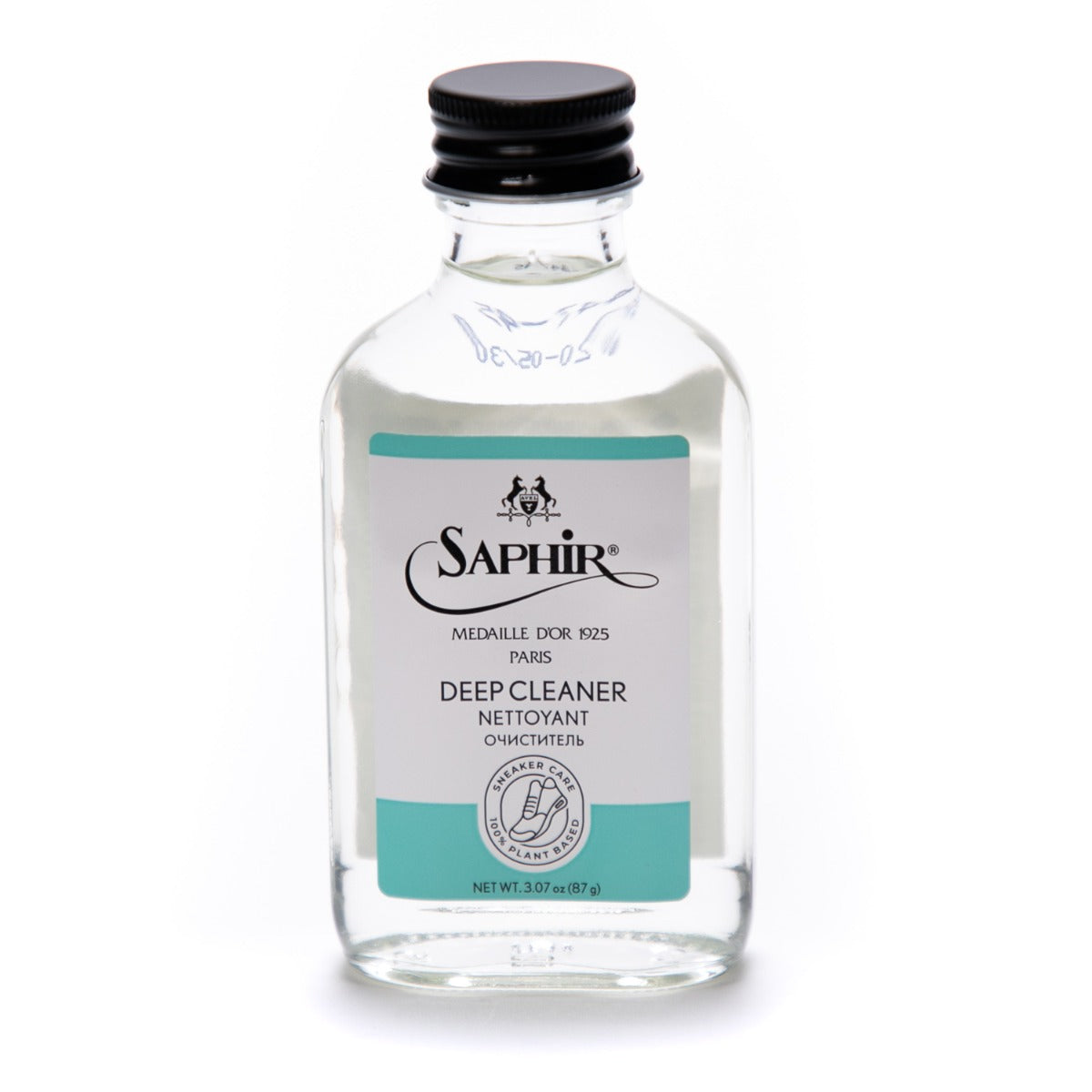 A bottle of Saphir Sneaker Deep Cleaner - 100ml by KirbyAllison.com on a white background.