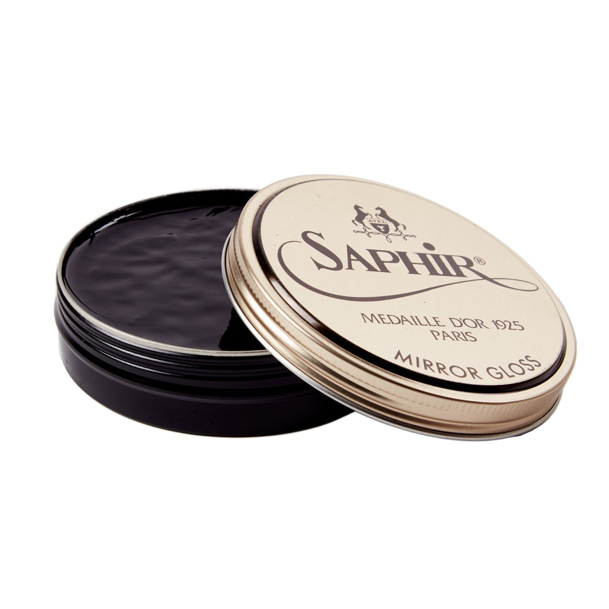 A tin with a black lid and a black Saphir Mirror Gloss Wax Polish tin from KirbyAllison.com.
