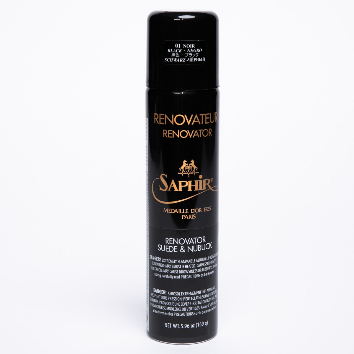 A Saphir Renovateur Suede & Nubuck Conditioning Spray bottle with a black cap and almond oil on a white background, from KirbyAllison.com.