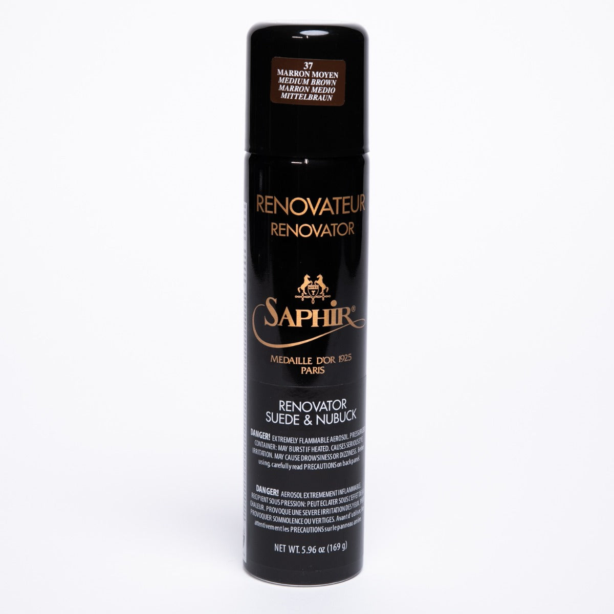A bottle of Saphir Renovateur Suede & Nubuck Conditioning Spray by KirbyAllison.com on a white background.