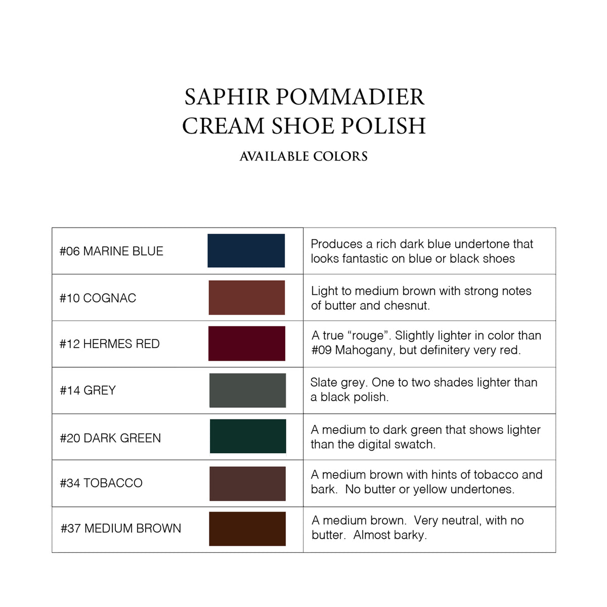 Saphir Pommadier Cream Polish Samples from KirbyAllison.com for color matching.