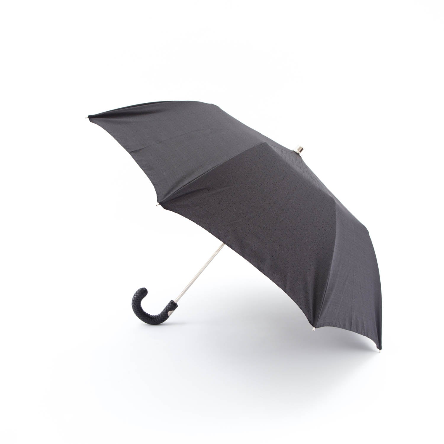An elegant Imperial Black Travel Umbrella with a woven leather handle on a white background from KirbyAllison.com.