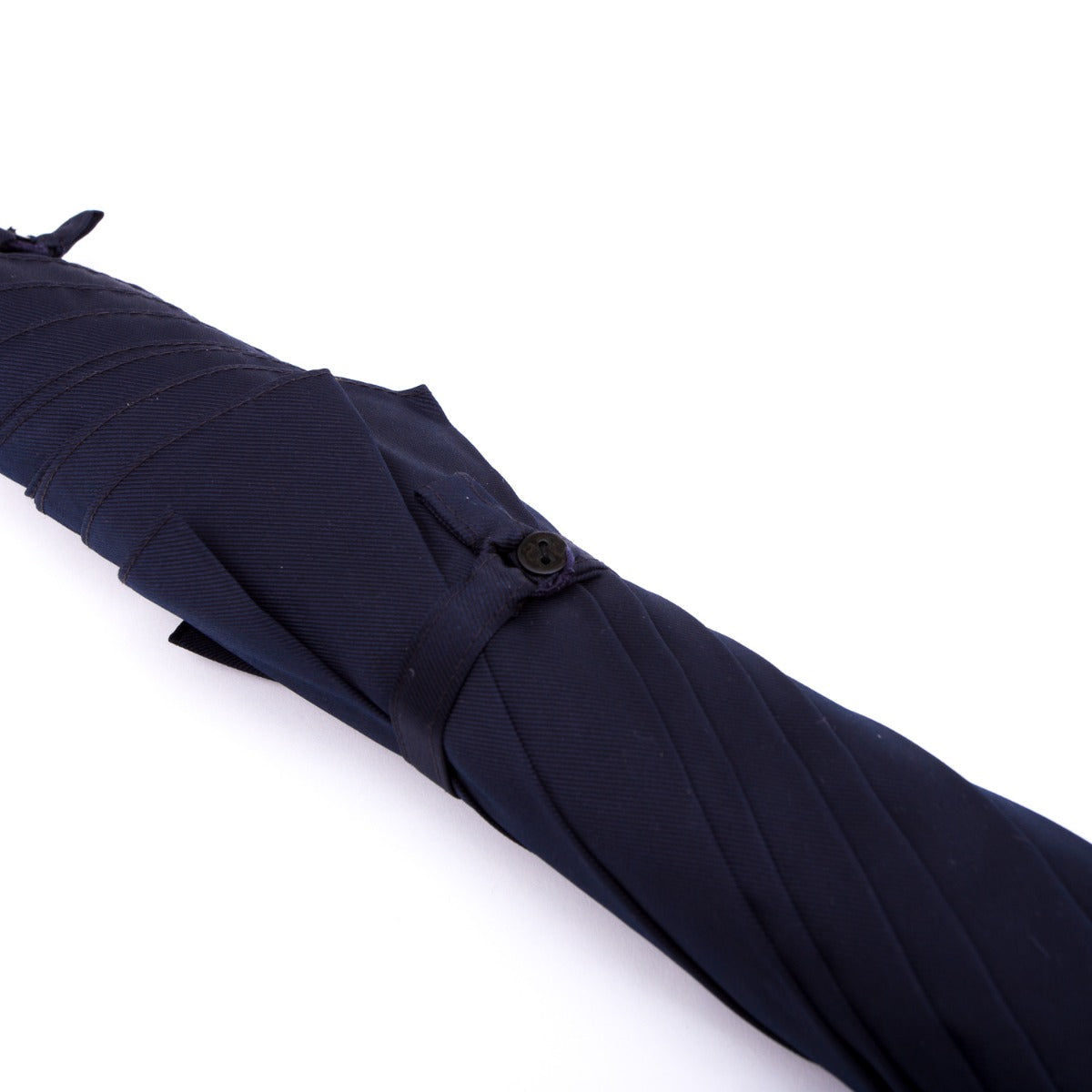 A KirbyAllison.com Ashwood Solid Stick Umbrella with Navy Canopy, with a blue handle on a white background.