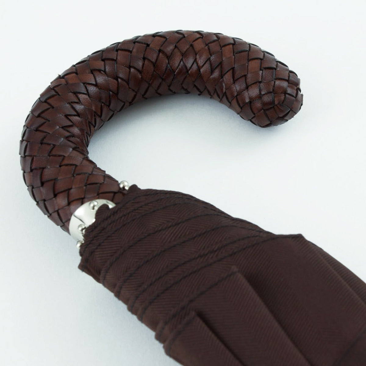 Brown Herringbone Canopy Travel Umbrella Woven Leather Handle