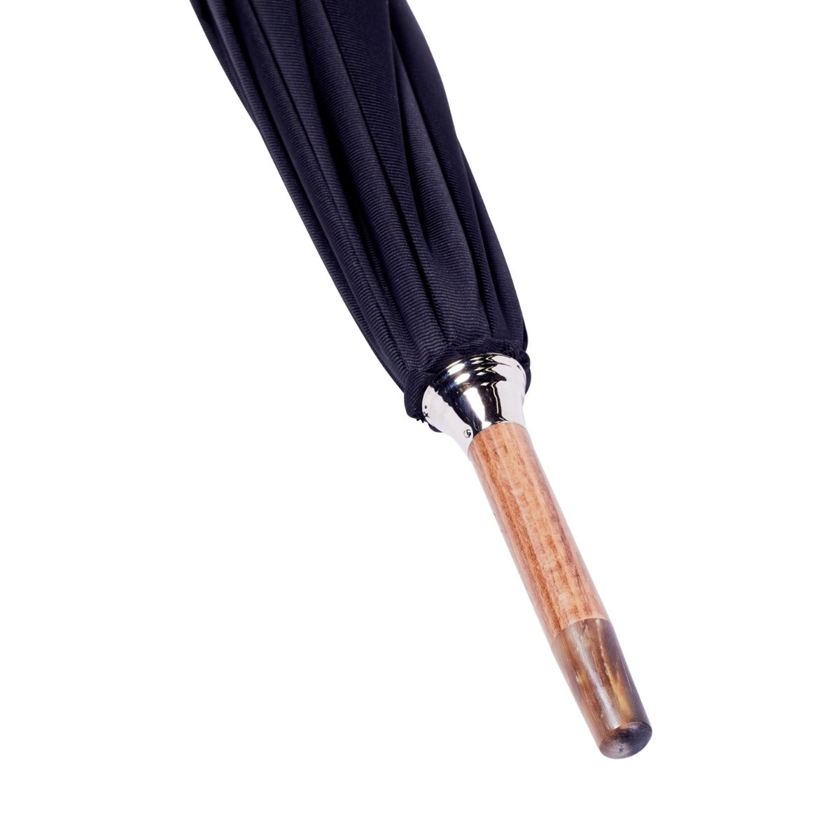 A KirbyAllison.com Bamboo Handle Umbrella with a black canopy.