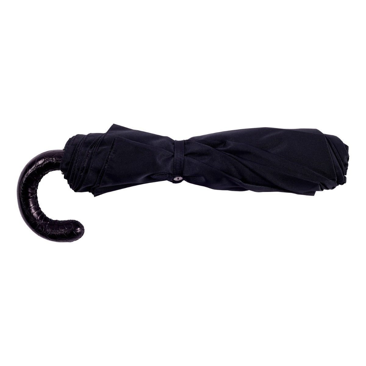 A KirbyAllison.com Black Alligator Travel Umbrella with Black Canopy.