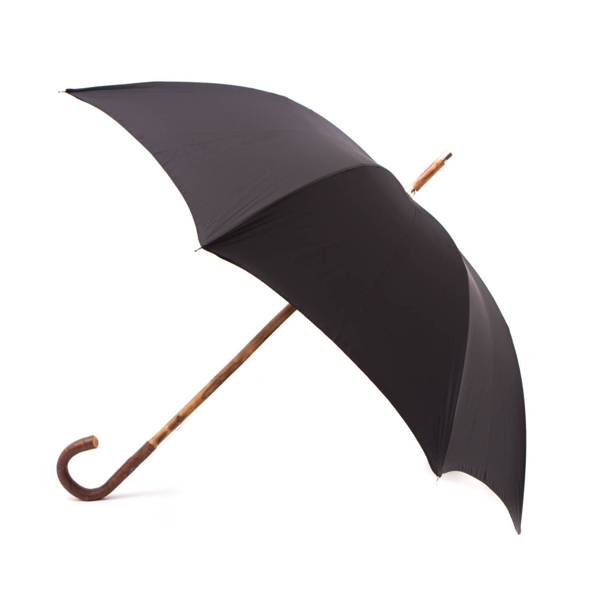 A Cherrywood Solid Stick Umbrella with Black Canopy from KirbyAllison.com on a white background.