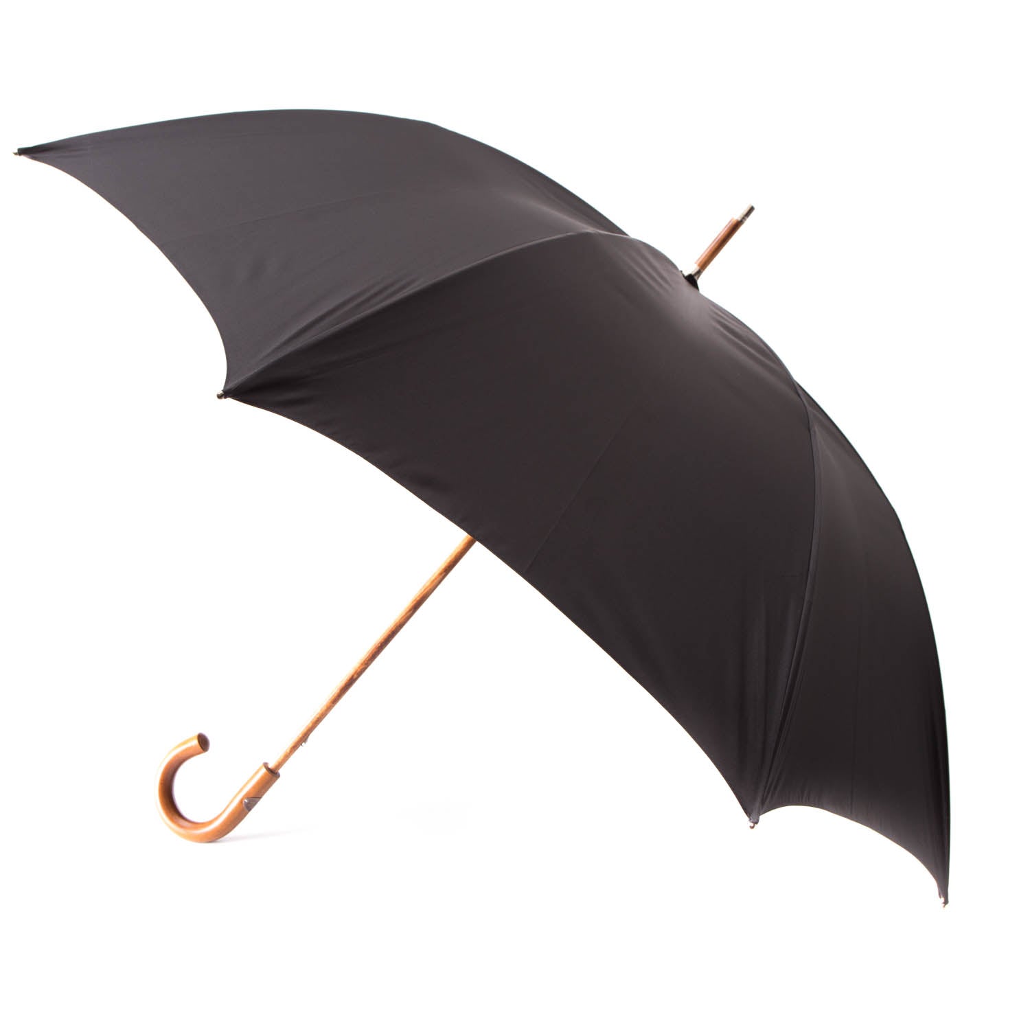 A black umbrella with a wooden Malacca handle on a white background would be a "Black Doorman Umbrella with Malacca Handle" by KirbyAllison.com.