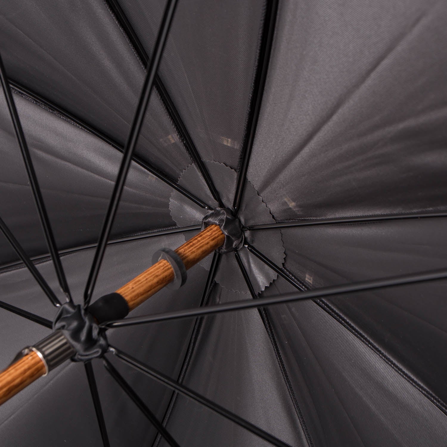 A close up of a Black Doorman Umbrella with Malacca Handle from KirbyAllison.com.