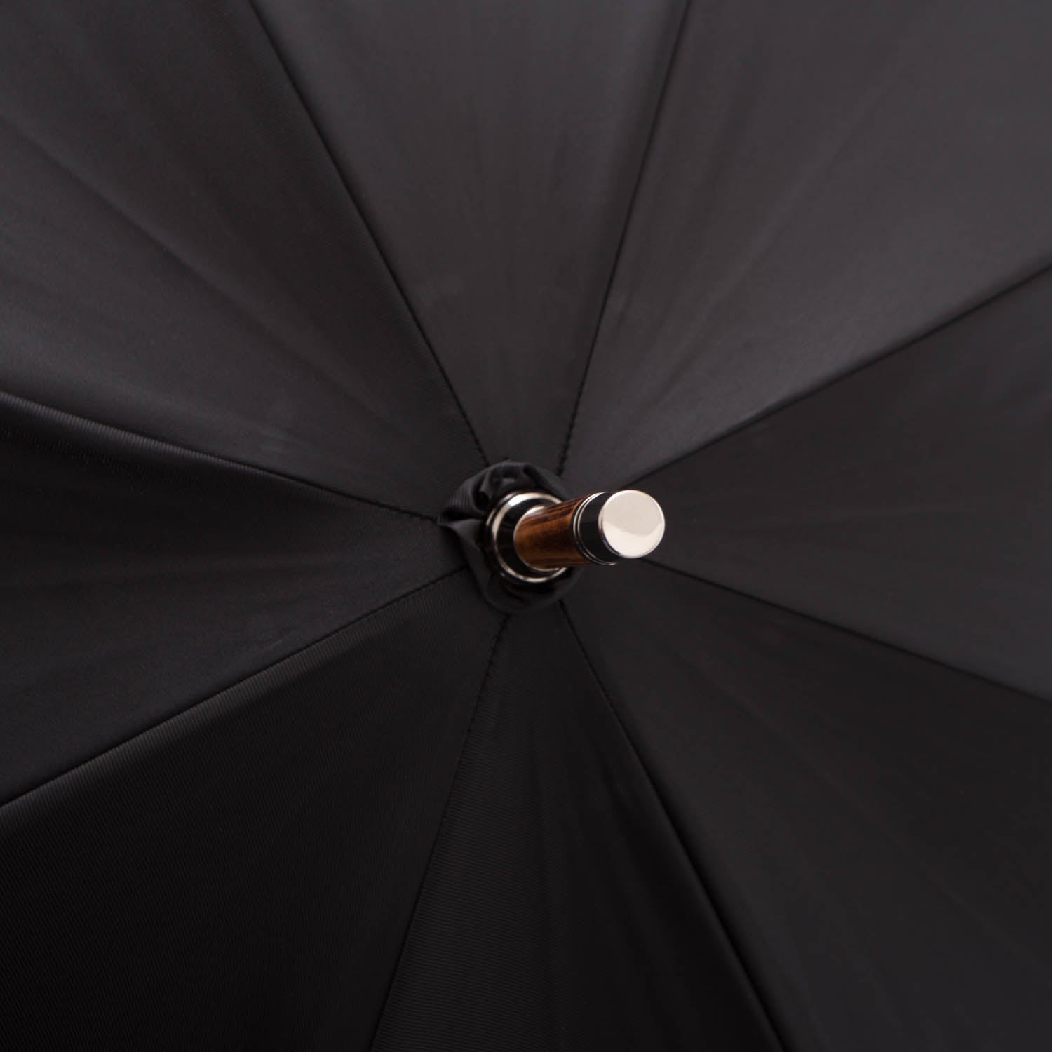 A close up of a KirbyAllison.com Black Doorman Umbrella with Malacca handle.