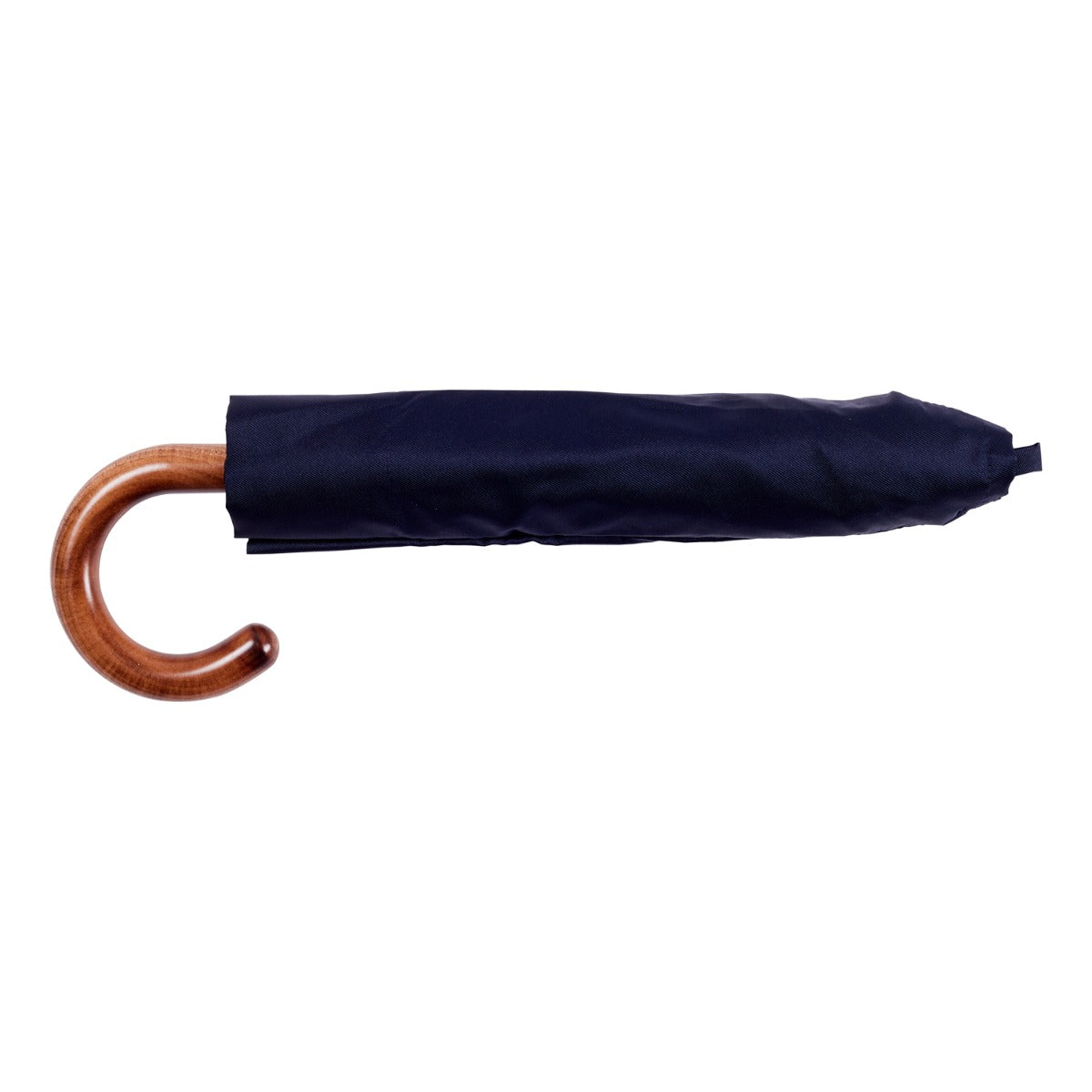 A KirbyAllison.com Navy Travel Umbrella with Maple Handle on a white background.