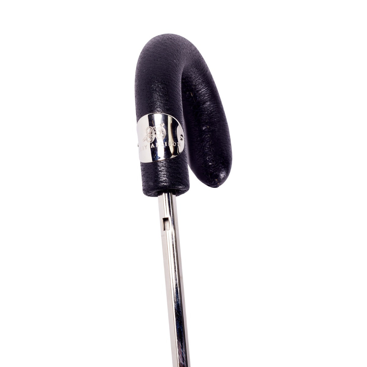 A black Black Pigskin Travel Umbrella with Black Canopy cane with a silver handle and pigskin handle by KirbyAllison.com.