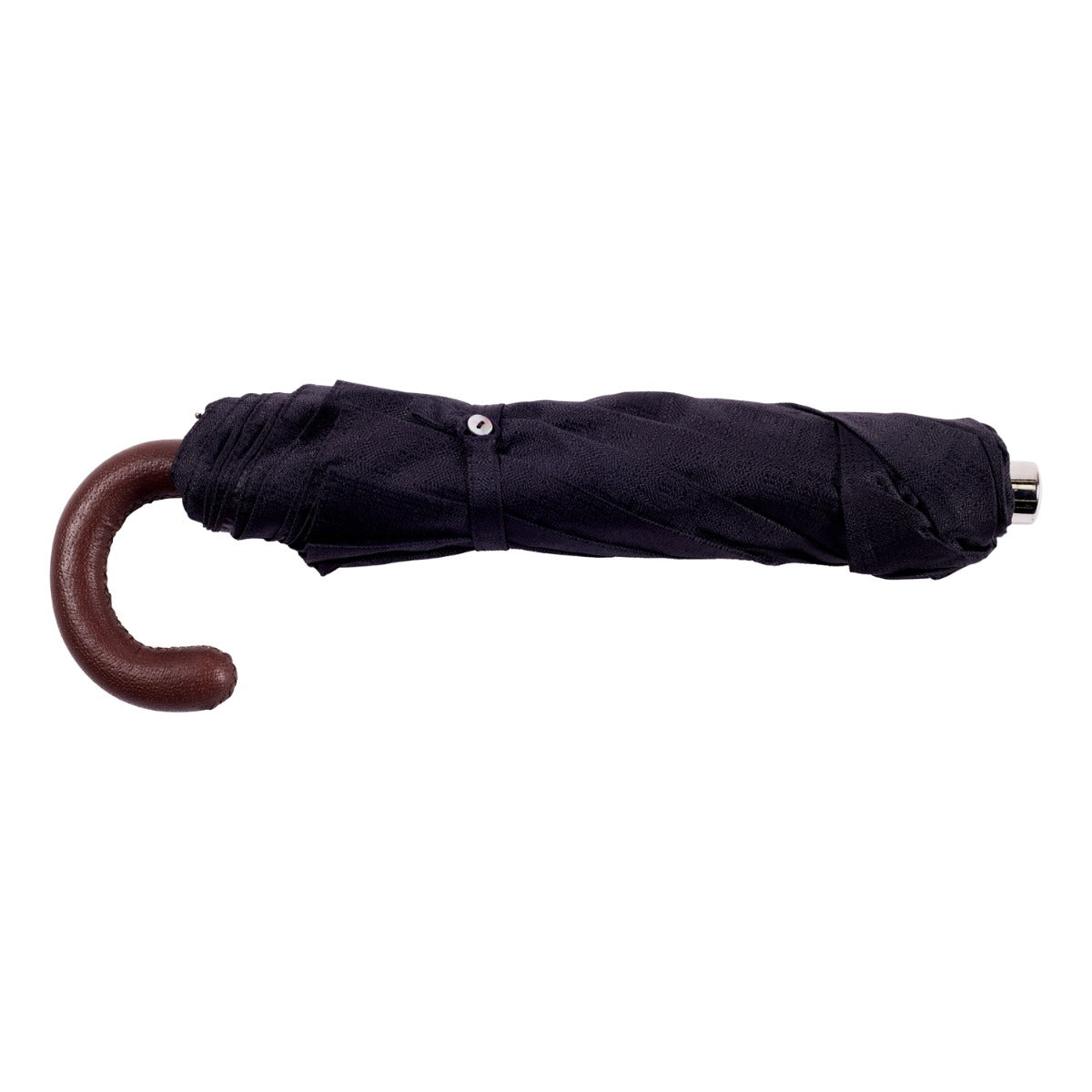 An umbrella with a black canopy and a Brown Pigskin Handled Travel Umbrella by KirbyAllison.com.