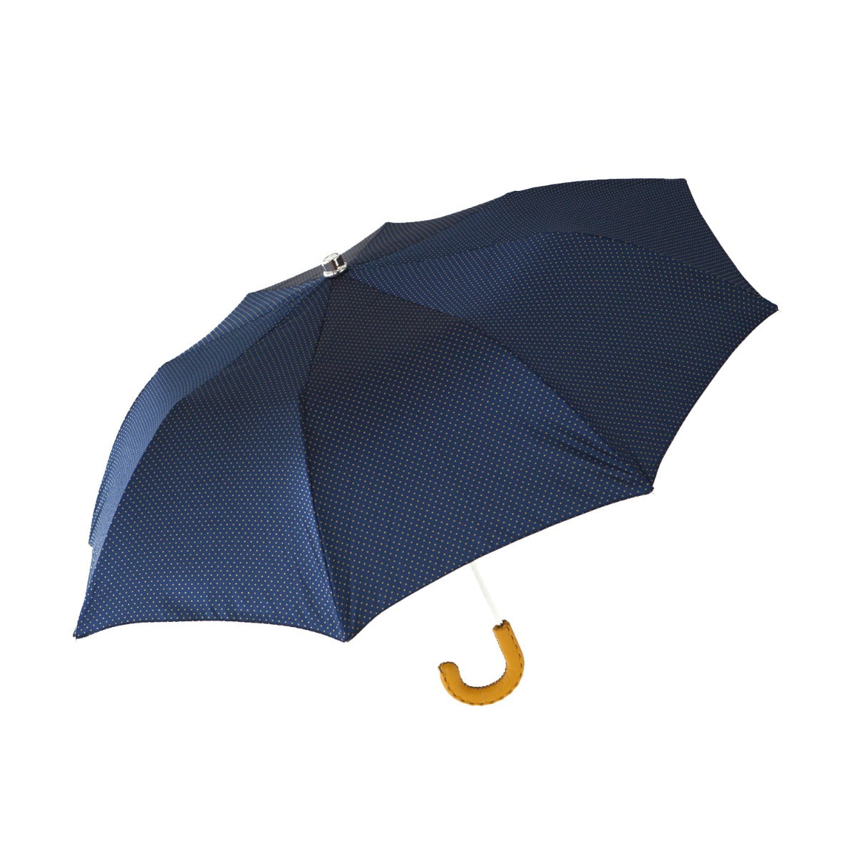 A Navy Yellow-Dot Travel umbrella with a Yellow Leather Handle from KirbyAllison.com.