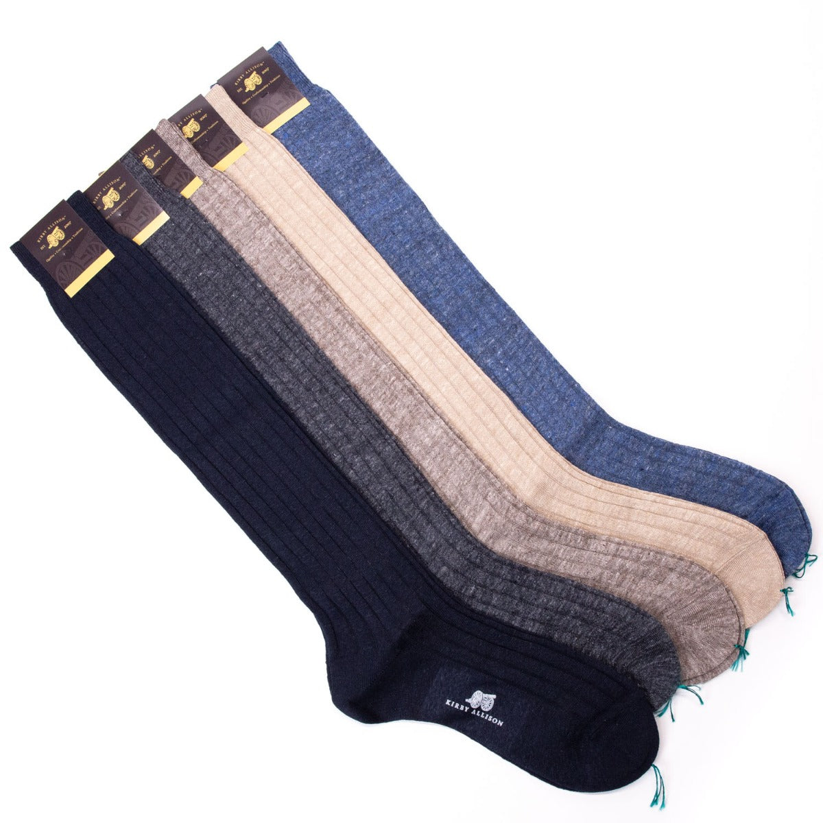 Four pairs of Sovereign Grade 100% Linen Dress Socks OTC in different colors from KirbyAllison.com.