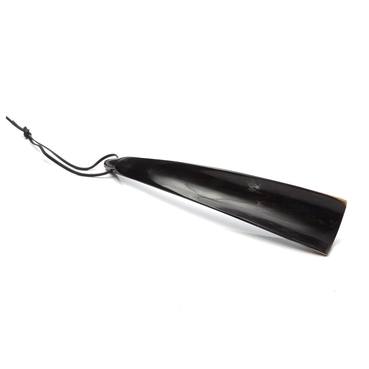 A black horn with a black handle on a white background, Mortimer Shoehorn from KirbyAllison.com.