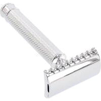 A silver KirbyAllison.com Mühle R41 Open Comb Safety Razor on a white background, delivering a close shave.