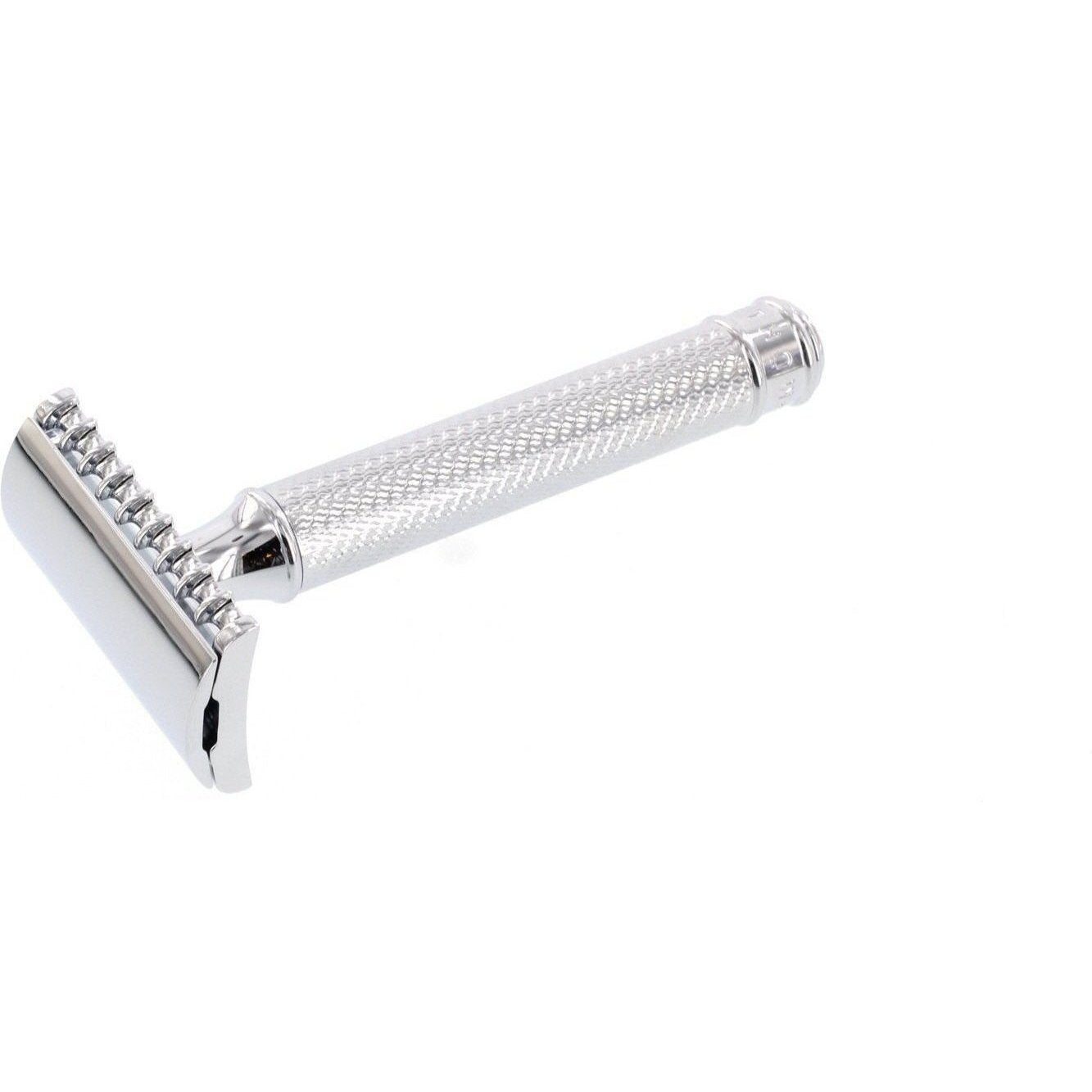 A Mühle R41 Open Comb Safety Razor from KirbyAllison.com on a white background providing a close shave.