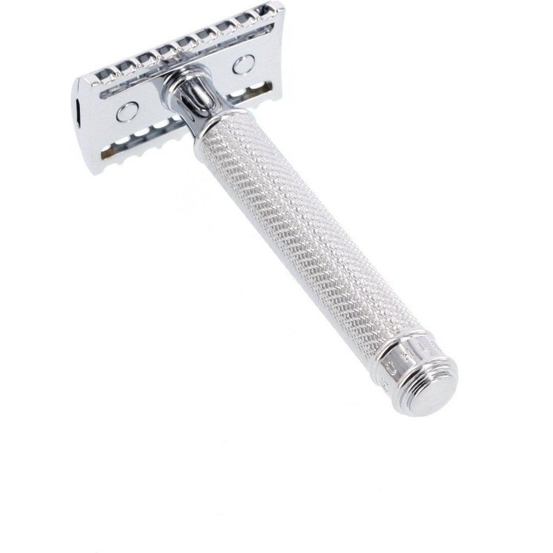A Mühle R41 Open Comb Safety Razor by KirbyAllison.com, providing a close shave on a white background.