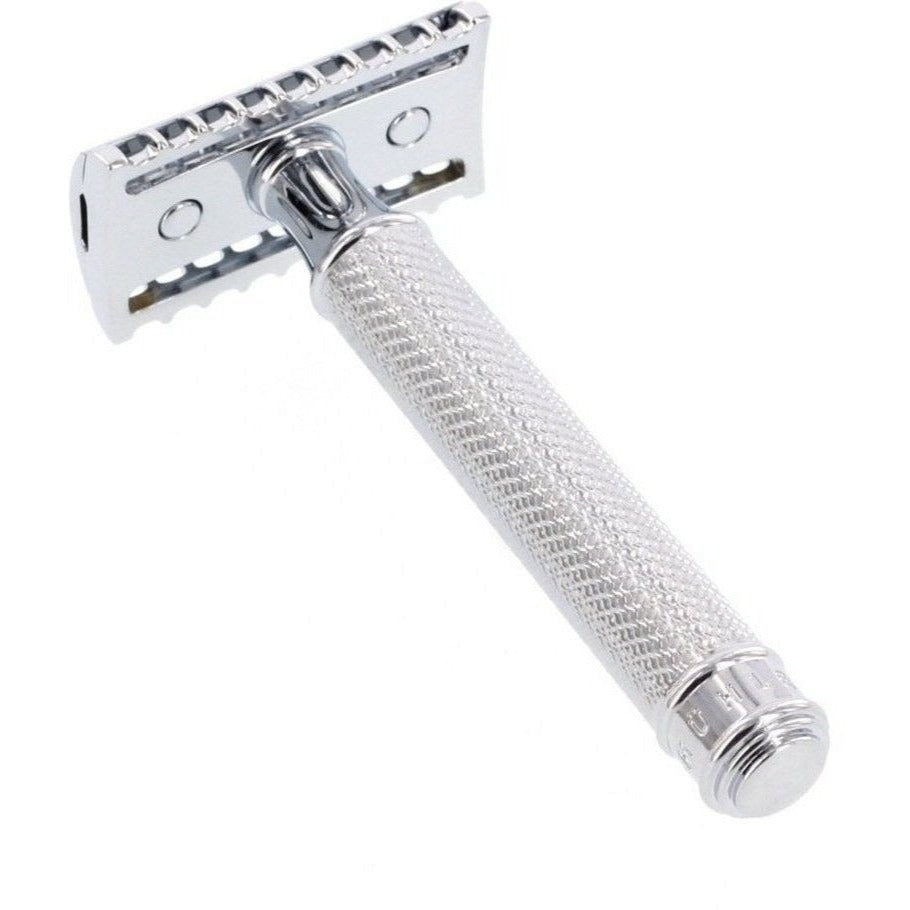 A Mühle R41 Open Comb Safety Razor by KirbyAllison.com, providing a close shave on a white background.