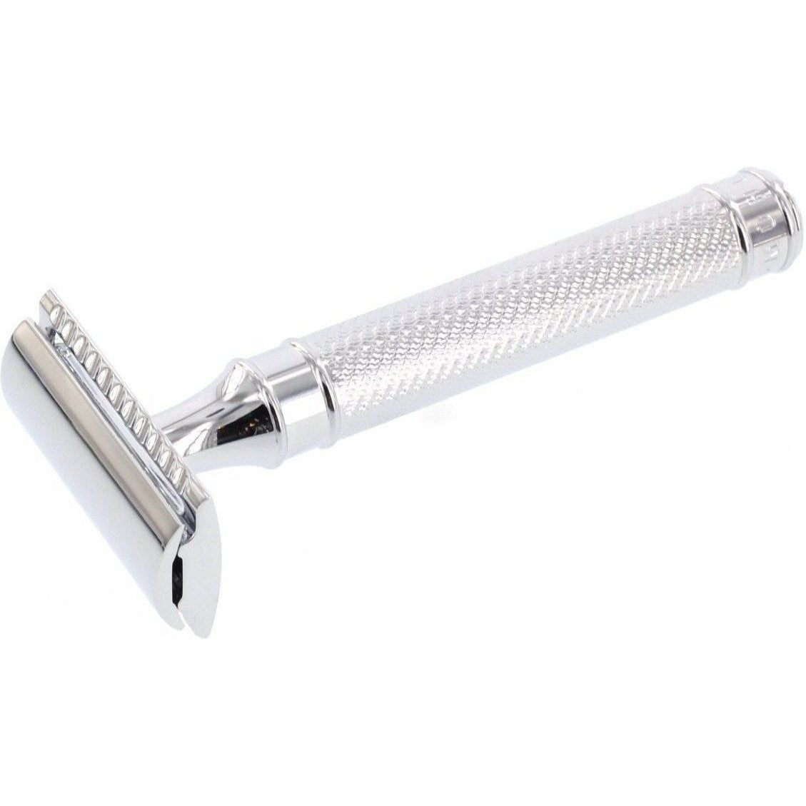 A Mühle R89 Closed Comb Safety Razor by KirbyAllison.com on a white background.