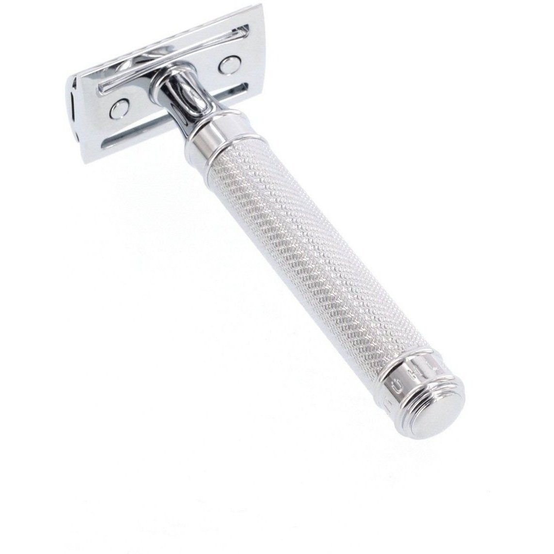 A stainless steel KirbyAllison.com R89 Closed Comb Safety Razor on a white background.