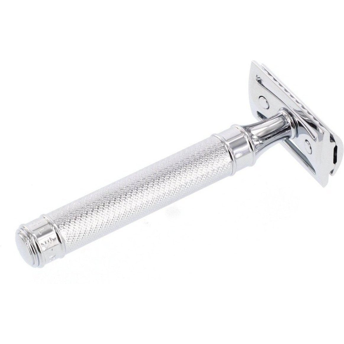 A stainless steel Mühle R89 Closed Comb Safety Razor from KirbyAllison.com on a white background.