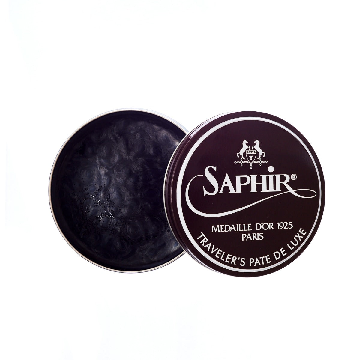 A tin of Saphir Traveler's Pate de Luxe Wax Shoe Polish by KirbyAllison.com on a white background.