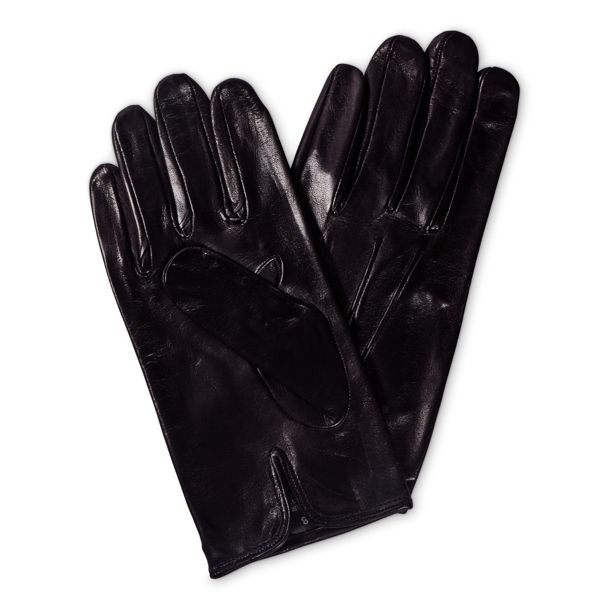 A pair of Sovereign Grade Black Nappa Leather Gloves, Silk Lined by KirbyAllison.com on a white background.