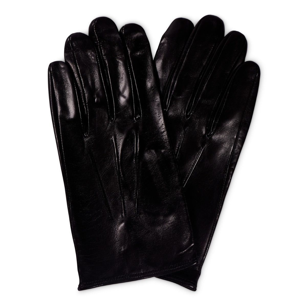 A pair of Sovereign Grade Black Nappa Leather Gloves, Silk Lined by KirbyAllison.com on a white background featuring a silk-lined interior.