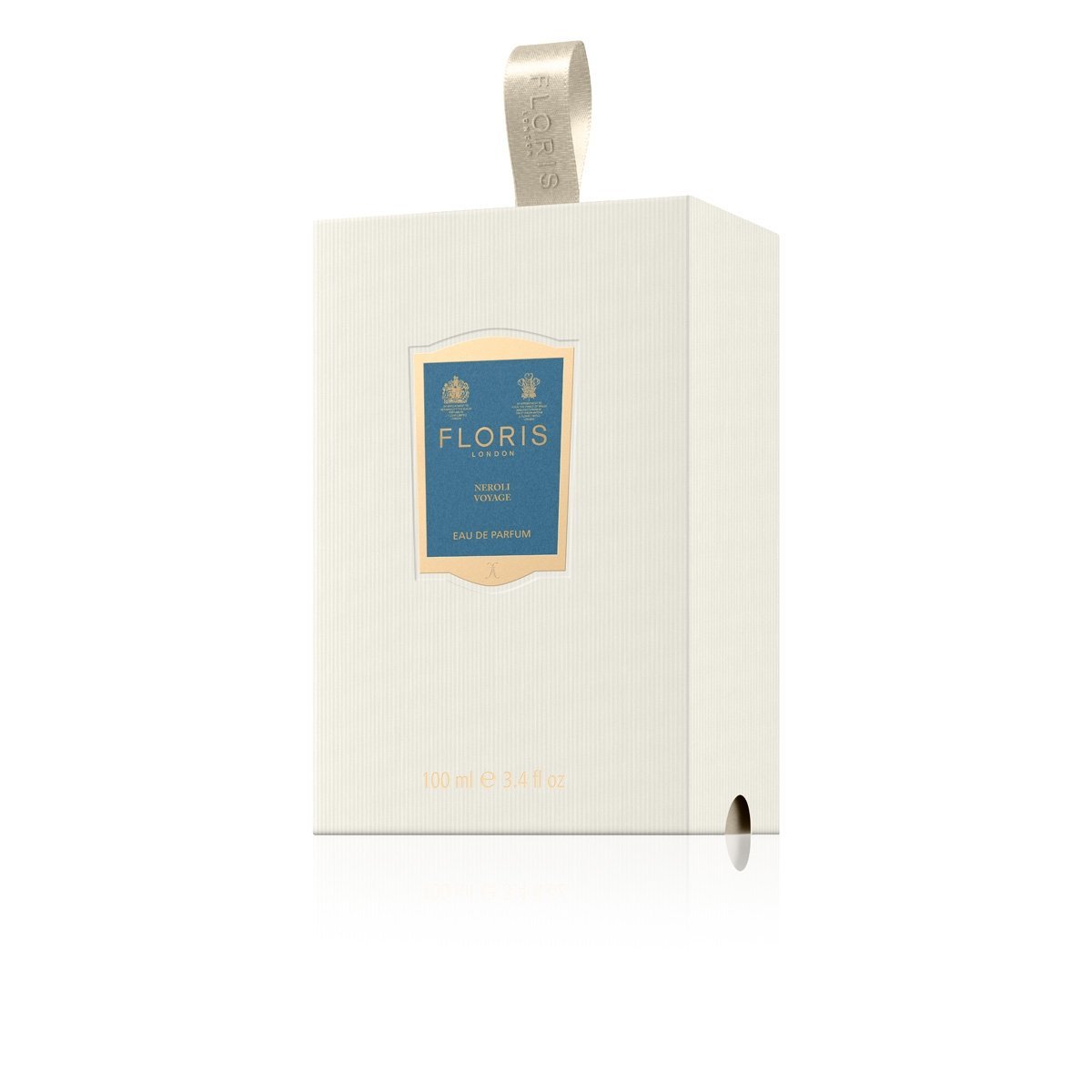 A white box with a gold label on it containing the citrus marine fragrance of FLORIS Neroli Voyage EDP 100 ML by KirbyAllison.com.