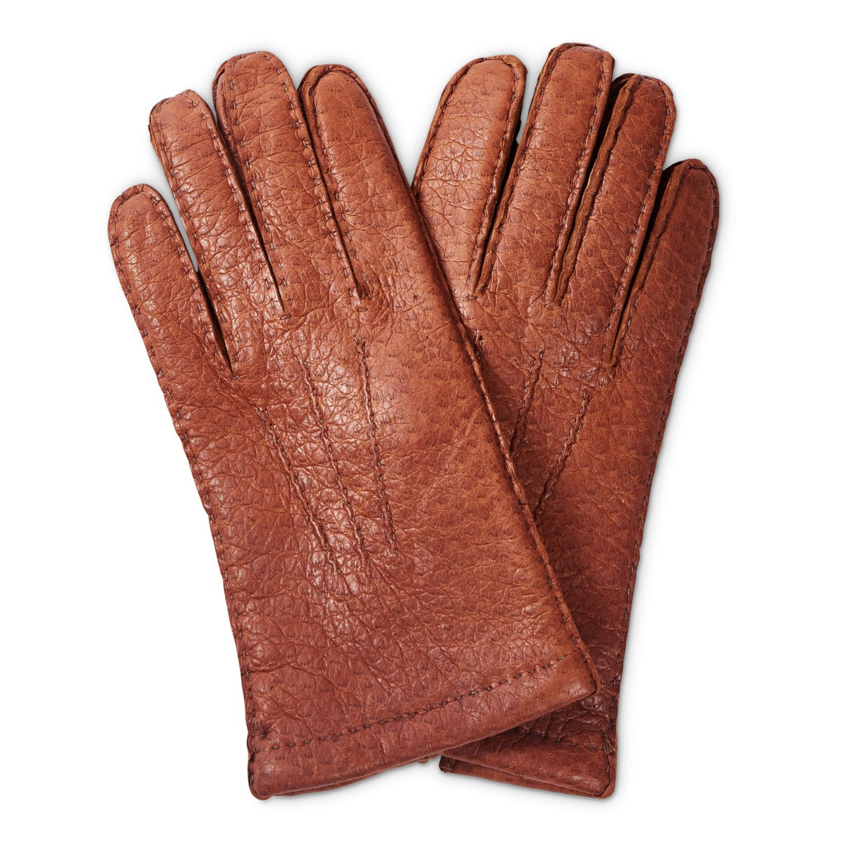 KirbyAllison.com's Sovereign Grade Medium Brown Peccary Leather Gloves, Unlined, deliver comfort on a white background.